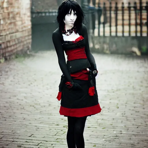 Image similar to a pale emo girl, messy black and red hair, waist length, british street background, flickr, 2 0 0 6