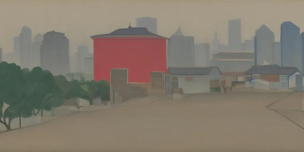 Image similar to In the foreground is a small red house, and in the background is the smoky Shanghai City, George Ault painting style.