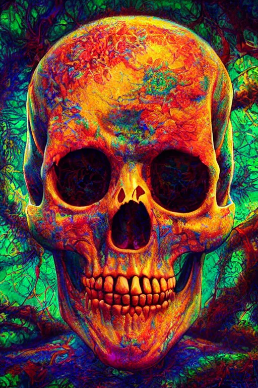 Prompt: 35 mm lens photo of scull lsd colors, direct sunlight, glowing, vivid, detailed painting, Houdini algorhitmic pattern, by Ross Tran, WLOP, artgerm and James Jean, masterpiece, award winning painting