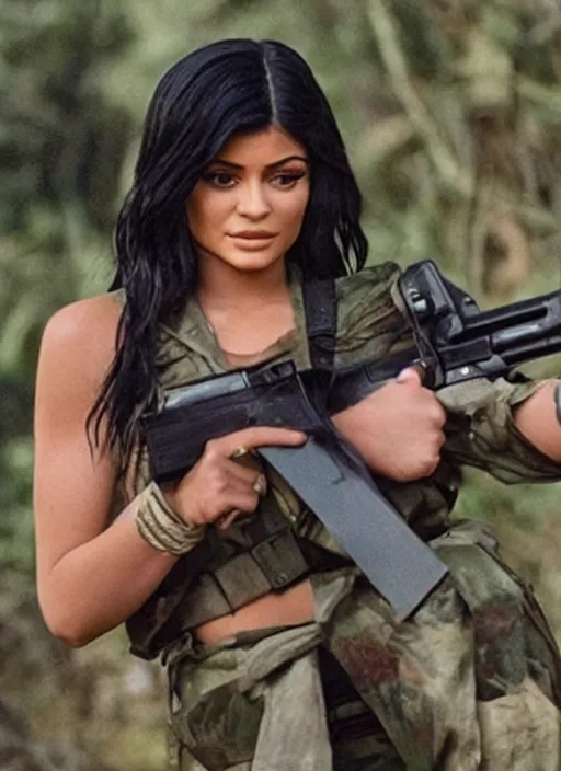Image similar to film still of kylie Jenner as John Rambo in Rambo.