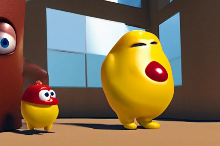 Image similar to an anthropomorphic jelly bean, moving a box, pixar