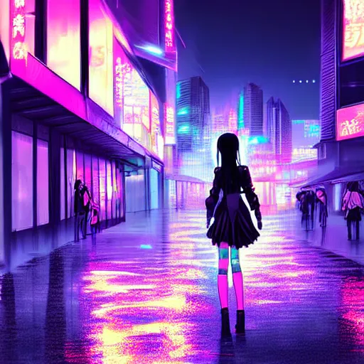 Prompt: digital art , anime girl walking into the streets of a cyberpunk city at night, rain, mist, by studio manglobe, by dao trong le