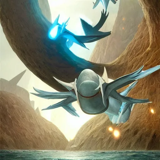 Image similar to togekiss and latios flying through a remote alien city, award - winning realistic sci - fi concept art by jim burns and greg rutkowski, beksinski, konstantin razumov