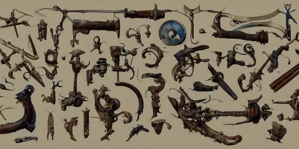 Prompt: collection of vintage early xx century props and gadget, moebius, items, concept art, hard surface, kitbash, parts, shape and form, in watercolor gouache detailed paintings, modular, pieces, golden ratio, weapon, big medium small, insanely details, wes anderson, bungie, lovecraftian style, by makoto shinkai, by beksinski