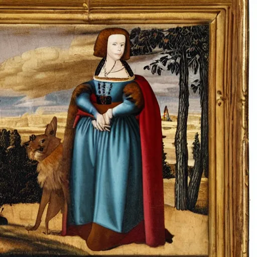 Image similar to a dog in a dress during the renaissance