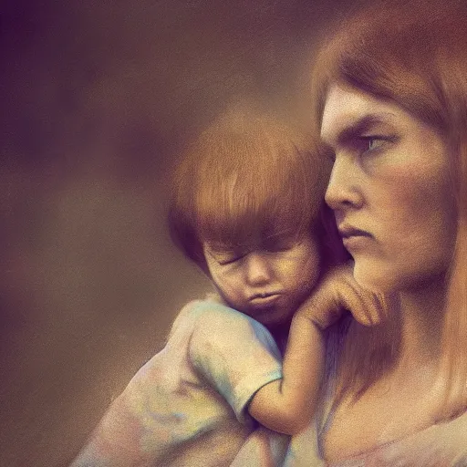 Prompt: sad mother and child in war. impressionism. matte painting. octane render