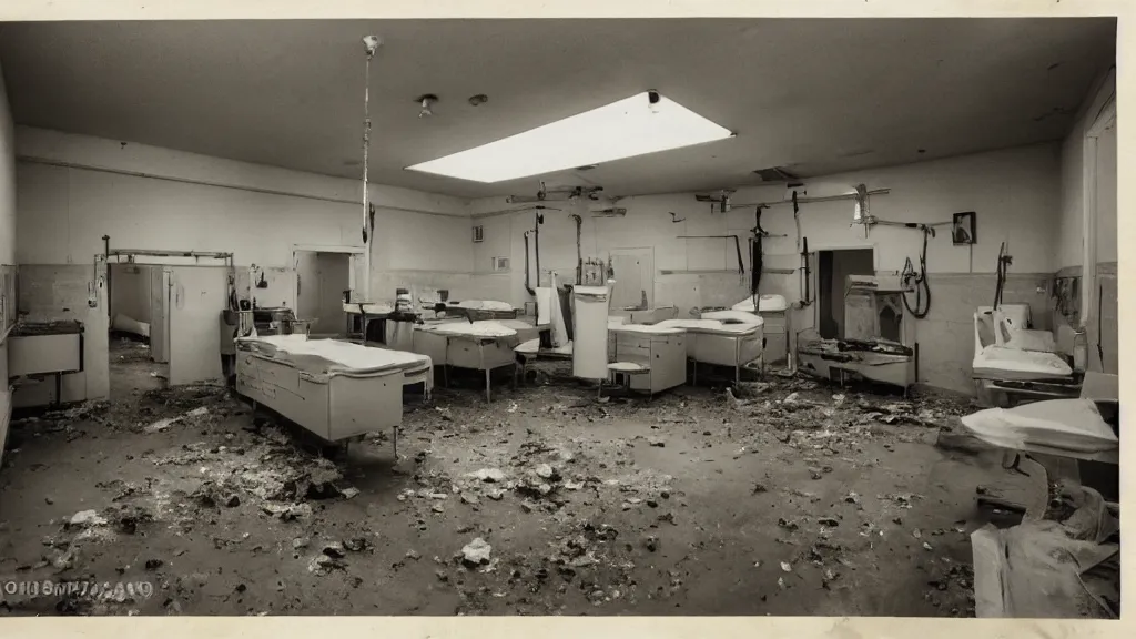 Prompt: photograph of interior view of a filthy, disused surgical room in a cursed hospital, unsanitary, dirty, contaminated, liminal, 35mm photo. Highly detailed, photographic, realistic, dramatic, cinematic