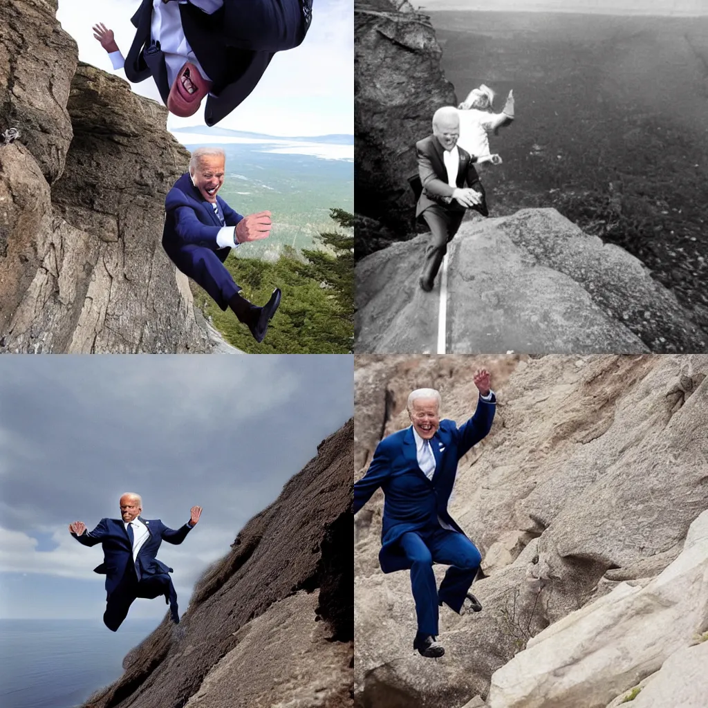 Prompt: joe biden falling off cliff, crazy angle, award winning photo