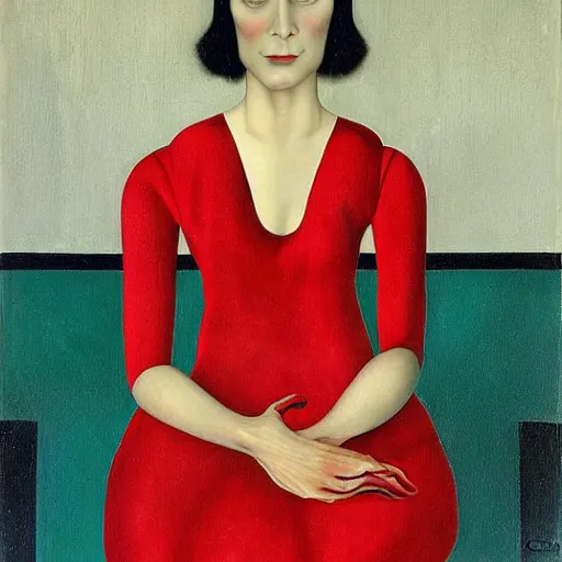 Prompt: a middle aged woman in a red dress, by christian schad