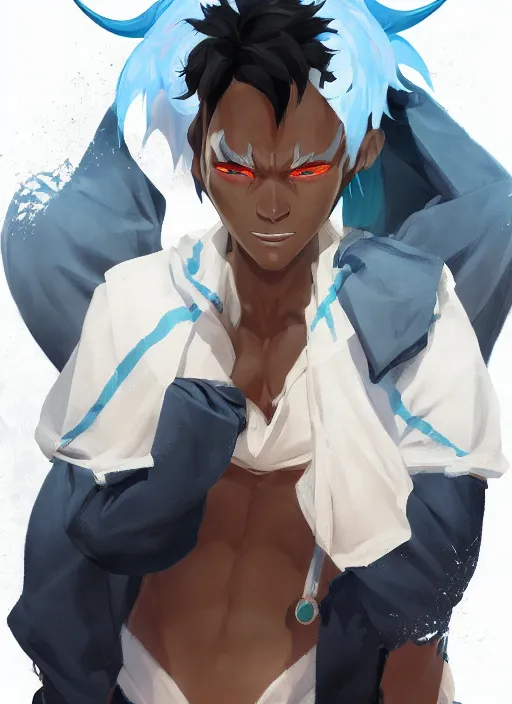 Image similar to concept art painting of a dark skinned person with short white hair, demon horns, white freckles, full clothing, blue robes, detailed, cel shaded, in the style of ruan jia and artgerm and makoto shinkai and james gurney