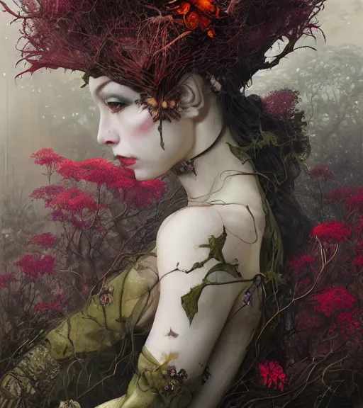 Image similar to portrait of the supreme queen of the blood cult, surrounded overgrowth and flowers 🍂 by Akihiko Yoshida, Yoshitaka Amano,Marc Simonetti, karol bak, WLOP, James Jean, tom bagshaw, rococo, trending on artstation, fantasy magic fashion girl portrait, glossy eyes, face, fantasy, elegant, highly detailed, digital painting, concept art, smooth, sharp focus, illustration, cinematic lighting, hyper realism, octane render, 8k, hyper detailed.