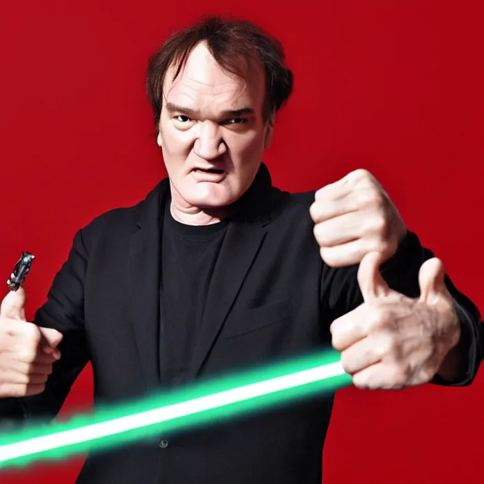 Prompt: quentin tarantino raising a lightsaber with his right hand, giving his thumbs - up with the other hand. without characters. green screen background. cinematic trailer format.