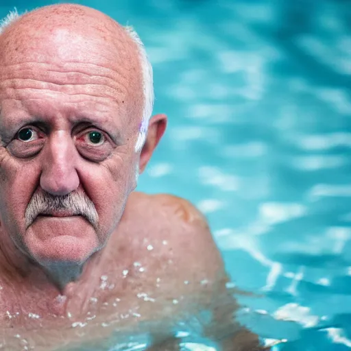 Image similar to mike ehrmantraut in a swimming pool, photography, 3 5 mm lens, 8 k,