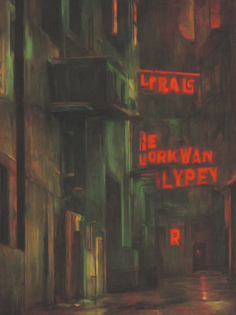 Image similar to a dark alley with abandoned buildings, a nightclub with neon signs by edward hopper