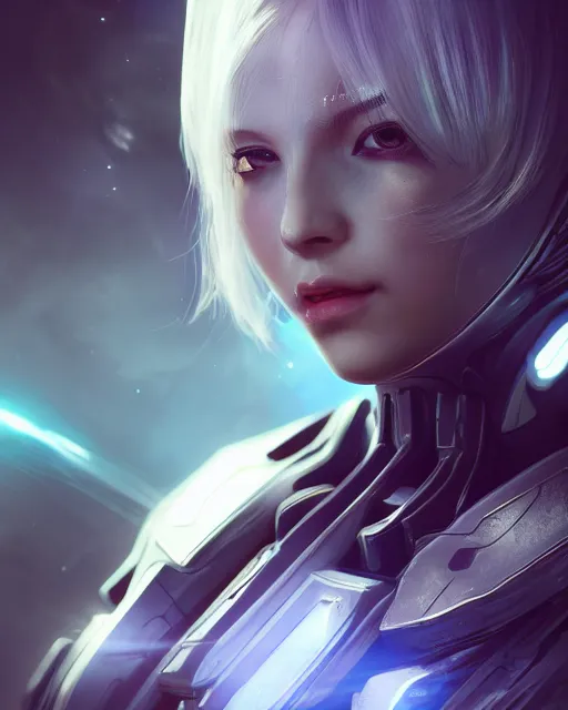 Image similar to perfect android girl on a mothership, warframe armor, beautiful face, scifi, futuristic, galaxy, nebula, raytracing, dreamy, long white hair, blue cyborg eyes, sharp focus, cinematic lighting, highly detailed, artstation, divine, by gauthier leblanc, kazuya takahashi, huifeng huang