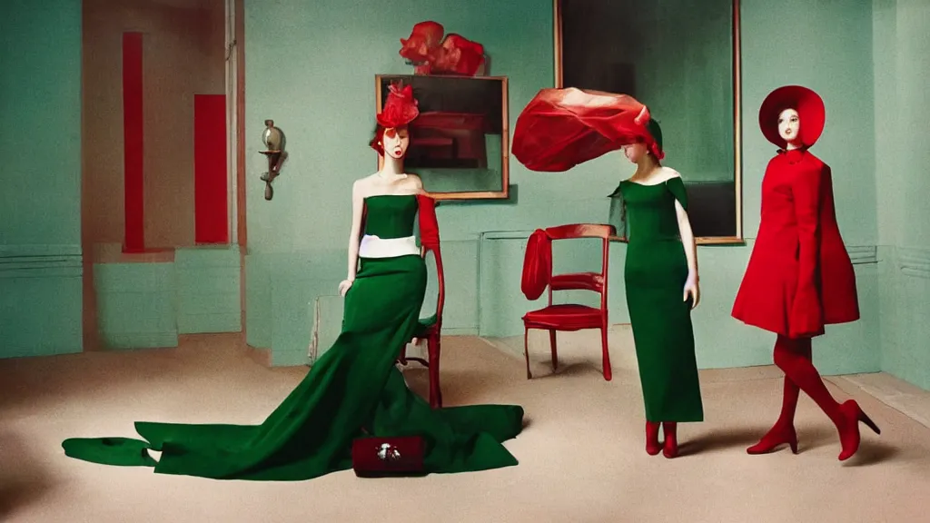 Image similar to Editorial photoshoot for Vogue Italy, haute couture, red and green, 70's, shot on film, photograph inspired by Edward Hopper and René Magritte, editorial photoshoot photographed by Tim Walker