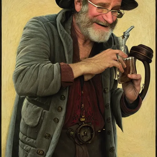 Image similar to an ultradetailed portrait of robin williams dressed as an alchemist, brewing potions in a workshop, d & d, fantasy, intricate, elegant, highly detailed, digital painting, matte, sharp focus, illustration, art by john collier and albert aublet and krenz cushart and artem demura and alphonse mucha