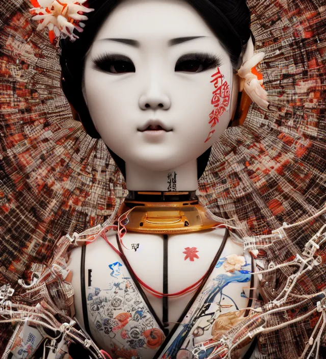 Image similar to full body portrait of a beautiful japanese robotic geisha with wires and kanji tattoos and decals, dramatic lighting, hyper - realistic, ultra - realistic, intricate details, japanese model, 8 k ultra high definition, octane render