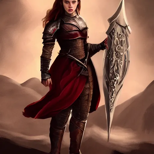 Image similar to emilia clarke, as a medieval fantasy character, with dark reddish hair, wearing light, silver armor and red clothing, tan complexion, holding a longsword, neutral expression, noble, cinematic, dark, realistic, digital art, 8 k