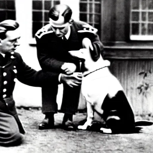 Image similar to ultra wide 1 9 4 6 blurry historical photo of a single german general kneeling to pet a corgi, a young queen elizabeth watches him, french village exterior, highly detailed, sharp focus
