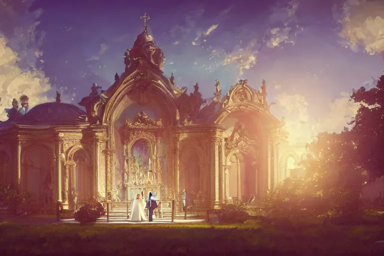 Image similar to an ornate baroque church, wedding party in front, scene in an open field. key visual, conceptart, ambient lighting, highly detailed, digital painting, artstation, concept art, sharp focus, by makoto shinkai and akihiko yoshida and greg manchess