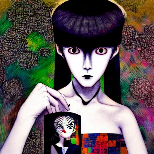 Image similar to yoshitaka amano blurred and dreamy realistic three quarter angle portrait of a young woman with black lipstick and black eyes wearing dress suit with tie, junji ito abstract patterns in the background, satoshi kon anime, noisy film grain effect, highly detailed, renaissance oil painting, weird portrait angle, blurred lost edges