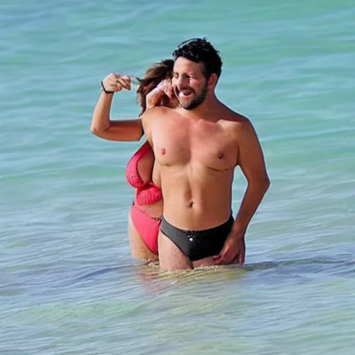 Image similar to photo of a 3 3 year old man that looks young for his age dating a very attractive 5 5 year old woman wearing a bikini.
