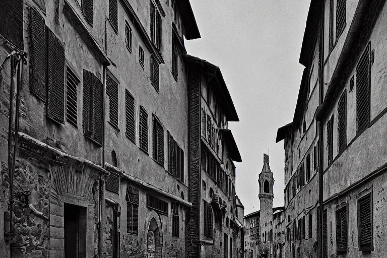 Image similar to florence old street in 1 6 th century with a tower in background, line art, black and white, dramatic lighting, cinematic composition, concept art, detailed textures