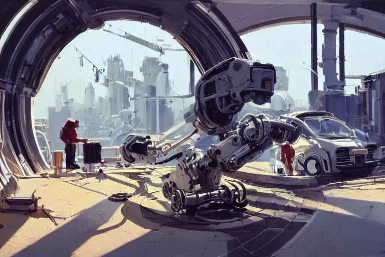 Prompt: natural landscape | robot repairing another robot, painting by syd mead, highly detailed, rule of third, soft lighting, 8 k resolution, oil on canvas, architectural magazine, beautiful detailed, insanely intricate details, artstation trending, hypermaximalistic, high details, cinematic