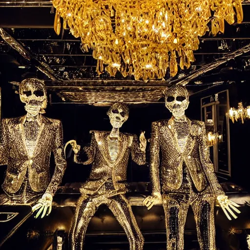 Image similar to professional nightclub photo, a giant crowd of realistic shiny reflective chrome skeletons covered in diamonds dancing wildly and sensually, inside a black and gold fancy high end highly themed rococo nightclub with fog and blue lasers