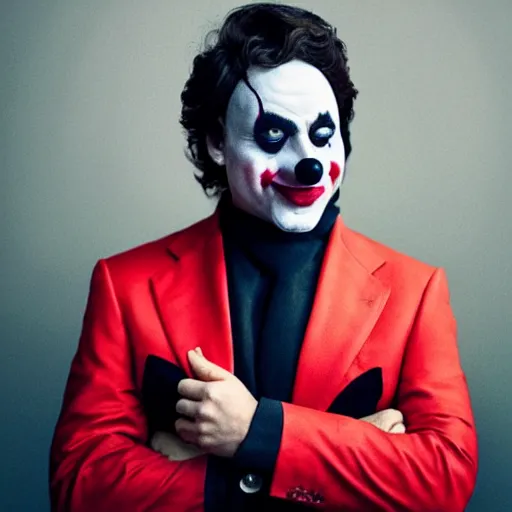 Image similar to UHD candid photo of Justin Trudeau dressed as a henchman, wearing accurate clown makeup, accurate face, UHD, photorealistic, correct face, photo by Annie Leibowitz