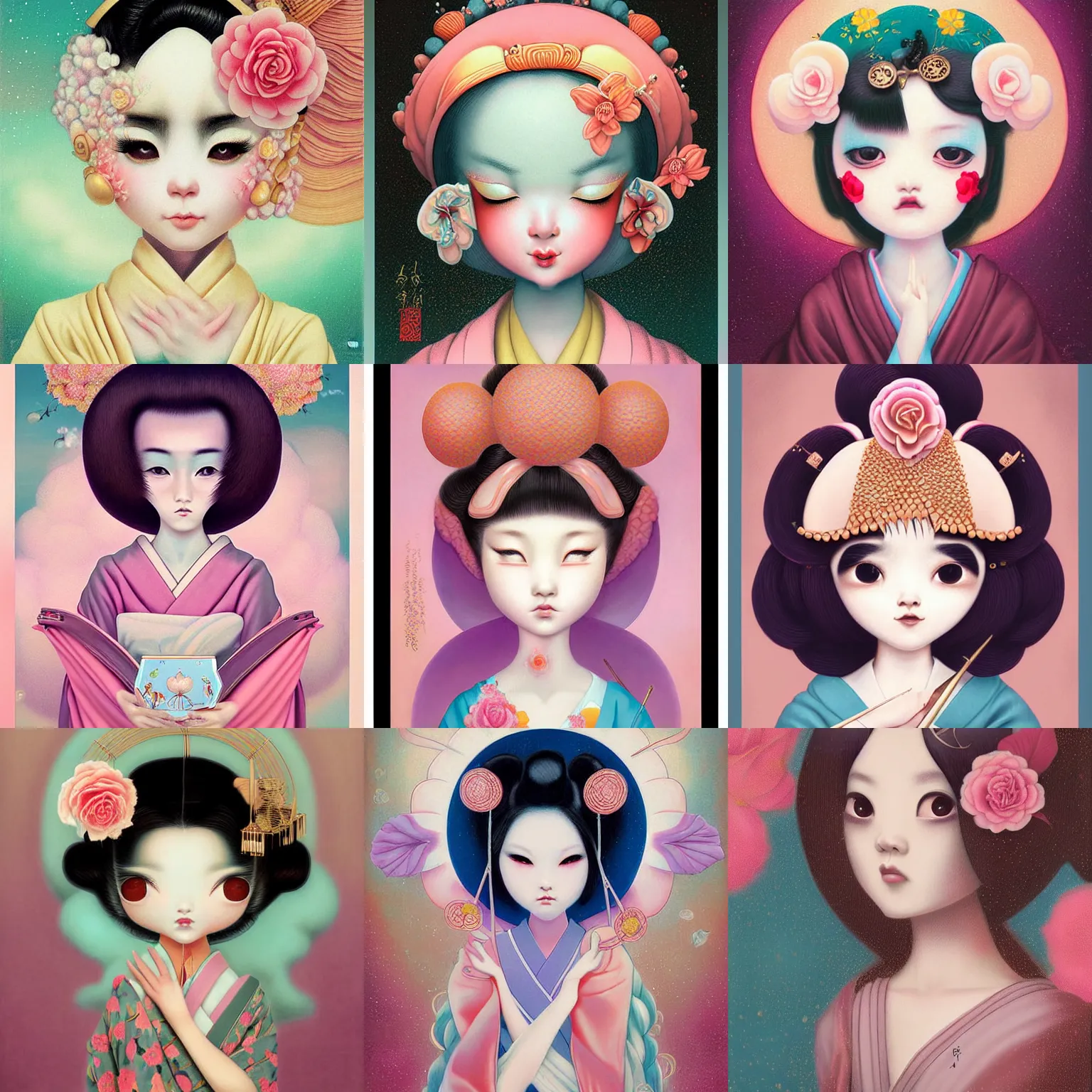 Prompt: a digital painting of a cute geisha by amy sol hikari shimoda, mark ryden, in the style of thoth tarot, soft girl aesthetic, fantastic planet, 6 0 s poster art, pastel colors, rose gold, face symmetry, artgerm