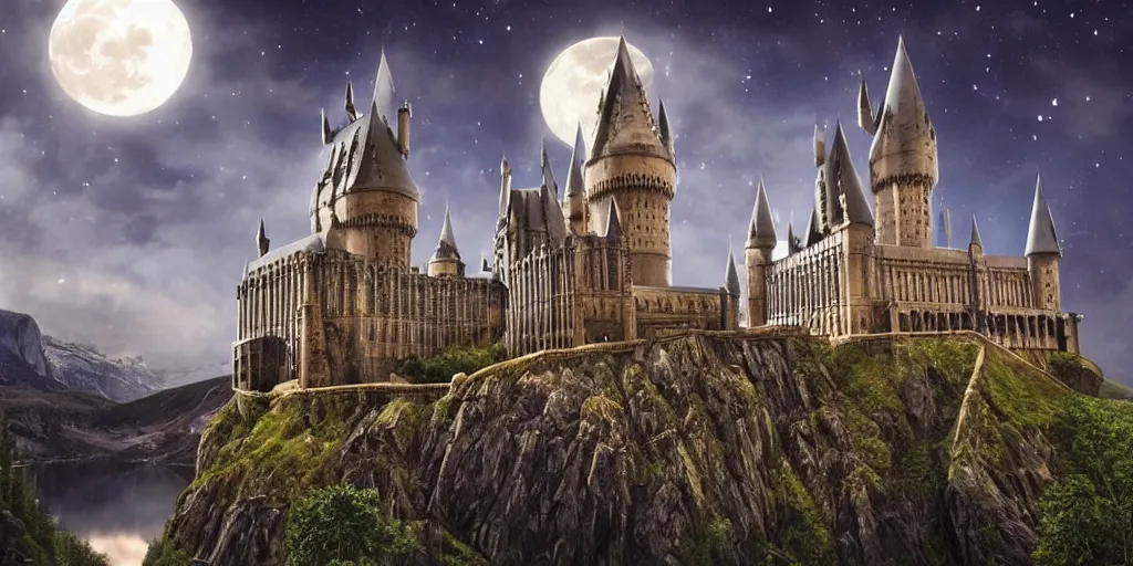 Image similar to insanely detailed long shot of hogwarts castle next to a lake at night with glowing windows cloudy night bright moon, harry potter