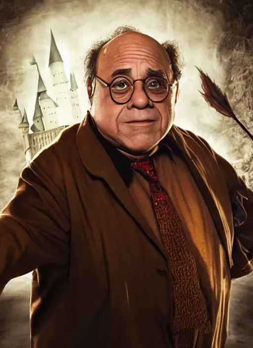 Image similar to Dramatic portrait photo of Danny Devito as Harry Potter, wizard, cracked castle in background, dramatic lighting, promotional image, concept art, smooth, sharp focus, art by artgerm