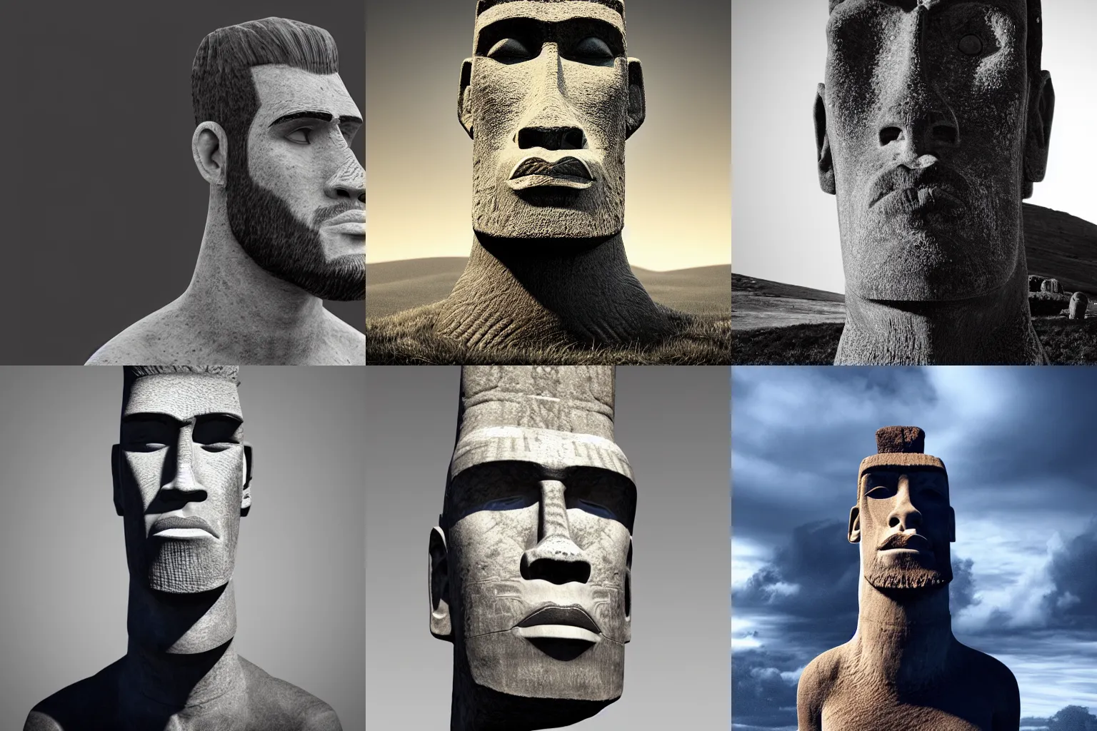 Prompt: Gigachad as an Easter Island head, trending on artstation, unreal engine, artstationHQ, black and white, studio lighting