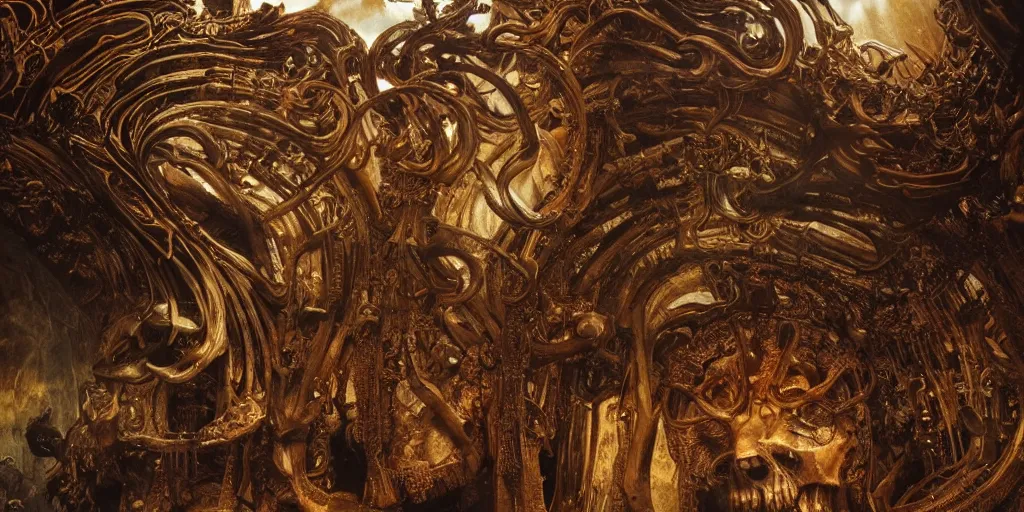 Image similar to ancient monument made of ribs and spines and teeth, gold ram horns, copper goat skulls, grand imposing powerful sculpture. swirls of mist. ominous clouds, intense light beams, lens flare. occult photorealism, uhd, amazing depth, volumetric lighting, cinematic lighting. epic landscape. alphonse mucha.