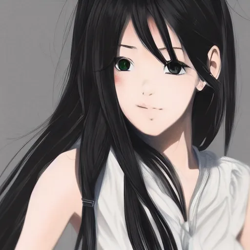 Image similar to portrait of beautiful anime girl, black hair, attractive, casual, modern, highly detailed, digital painting, illustration, art by rei