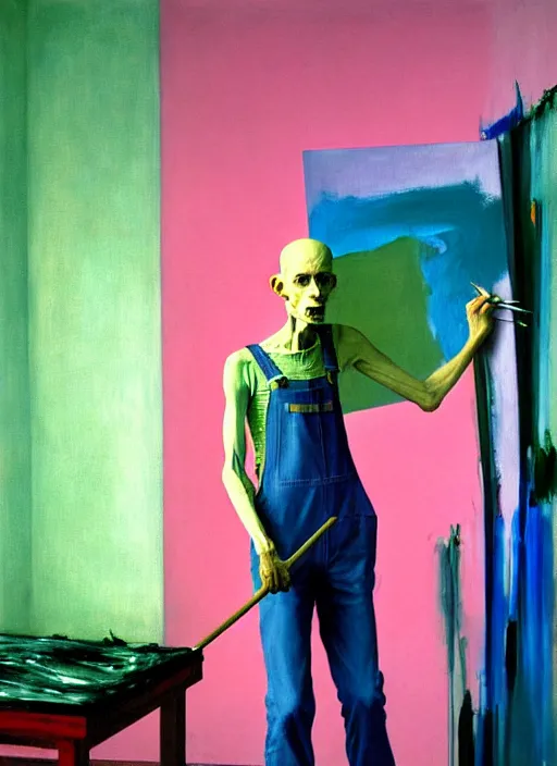 Prompt: a skinny, starving artist wearing overalls, painting the walls inside a grand messy studio, hauntingly surreal, highly detailed painting by francis bacon, edward hopper, adrian ghenie, gerhard richter, and james jean, soft light 4 k in pink, green and blue colour palette