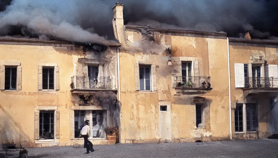 Prompt: 1 9 7 0 s movie still of a heavy burning french style townhouse in a small french village, cinestill 8 0 0 t 3 5 mm, heavy grain, high quality, high detail, dramatic light, anamorphic, flares