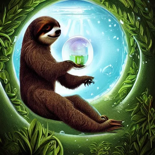 Image similar to a fantasy artwork of a sloth having a bubble bath