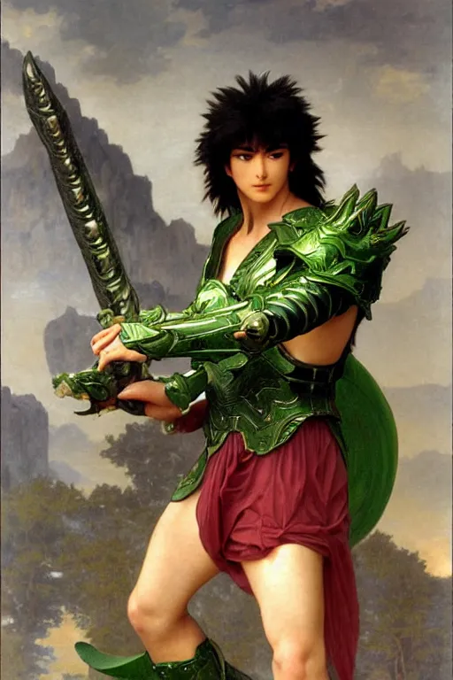 Image similar to Dragon Shiryū from Saint Seiya with his green armor by William Adolphe Bouguereau