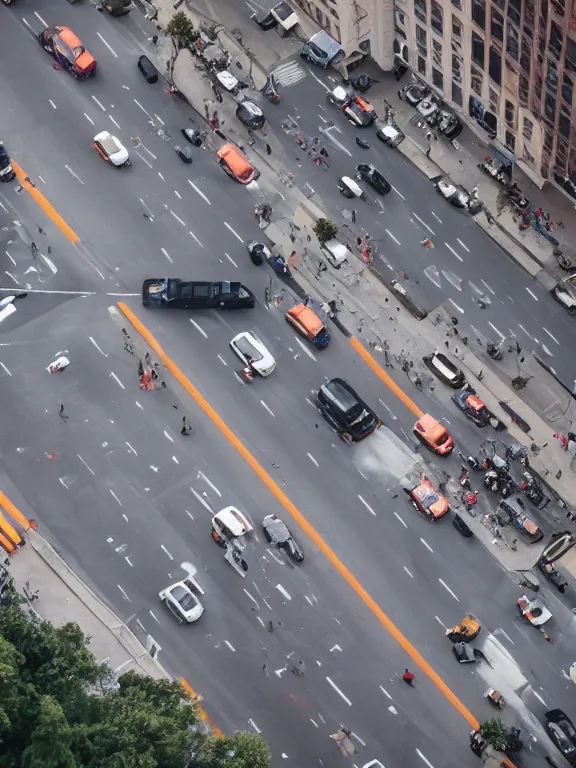 Image similar to traffic blocked by a giant boot. a giant foot stepping down onto the street and blocking cars. drone footage, award - winning photography, photojournalism