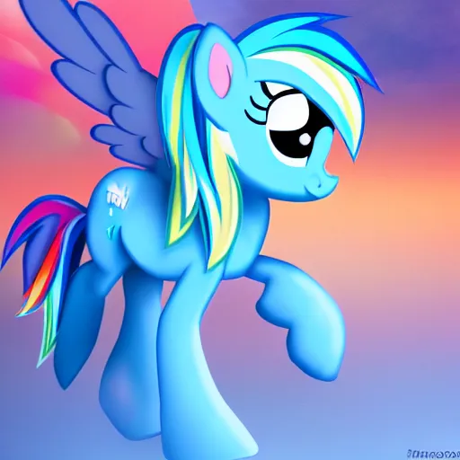 Prompt: Rainbow Dash, Pegasus Photography, Pegasus, Light-blue coat with rainbow mane and tail, realistic 4k