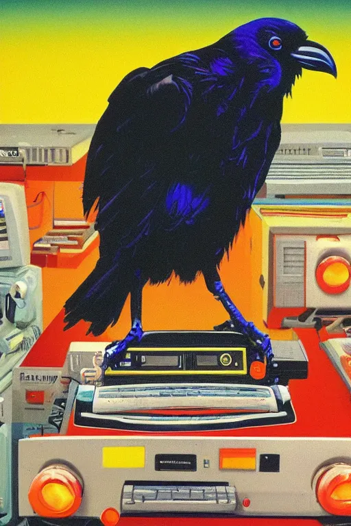 Image similar to a raven digging through 8 0 s era technology, vintage shapes, retro technology, happy color, wayne barlow, oil on canvas, deep depth of field, masterpiece, cinematic composition, hyperdetailed