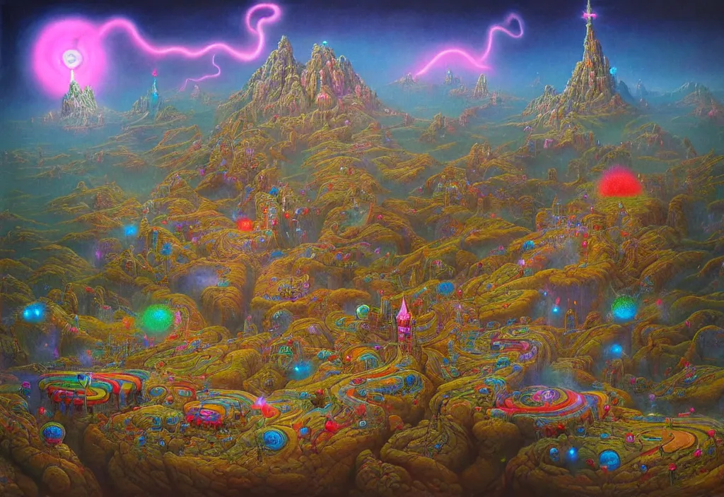 Prompt: beautiful ultradetailed painting of candyland with a cybernetic symbiosis general dynamics gatling gun melded with a professional video camera with glitter lenses made by beksinski, pinterest, google, etsy, artstation, beautiful ultradetailed painting, focal plane near, focal plane far, unreal engine