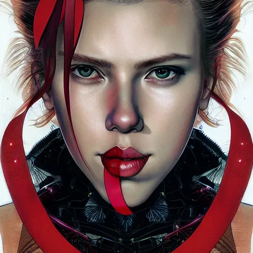 Prompt: portrait of beautiful crying cyborg scarlett johansson, big ribbon, symmetrical, by yoichi hatakenaka, masamune shirow, josan gonzales and dan mumford, ayami kojima, takato yamamoto, barclay shaw, karol bak, yukito kishiro, hajime soriyama