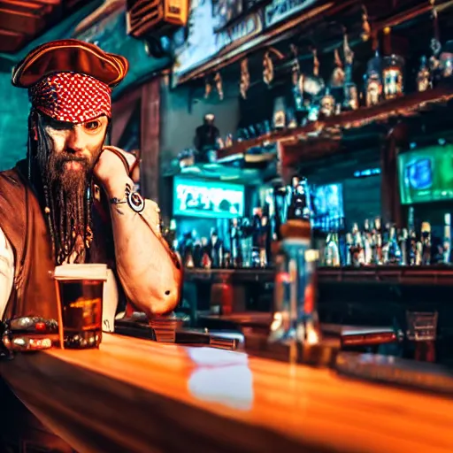 Image similar to a high quality portrait of a pirate bartender in a cyberpunk cyberpunk cyberpunk cafe, realism, 8k, award winning photo