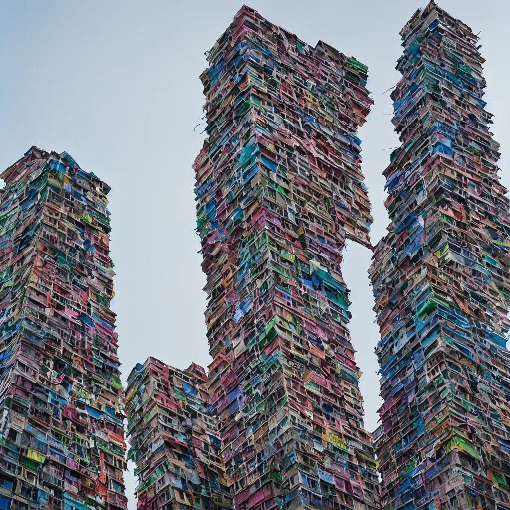 Image similar to two towers, made up of stacked makeshift squatter shacks with colourful facades, plain uniform sky at the back, misty, phase 1, f 1. 8, ultra sharp, very detailed, photographed by julie blackmon