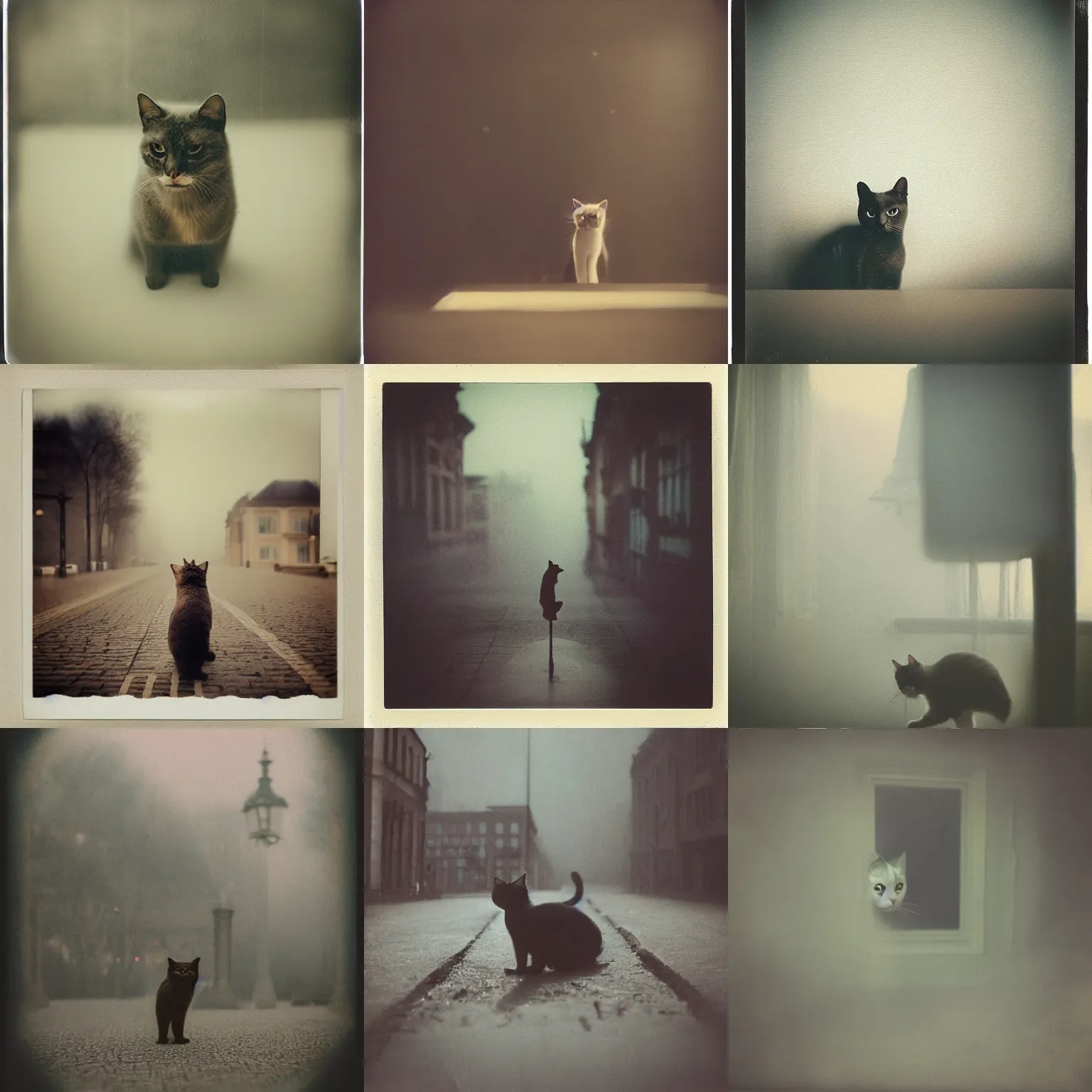 Prompt: cat!!!!! ,on villaget , Cinematic focus, Polaroid photo, vintage , neutral dull colors, soft lights, foggy mist , by oleg oprisco , by thomas peschak, by discovery channel, by victor enrich , by gregory crewdson