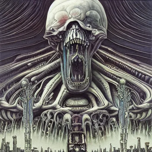 Prompt: a painting of a supreme calamity, apocalypse, end of the world, painting by h. r. giger, super high detail, cosmic perspective, unimaginable scale, grand